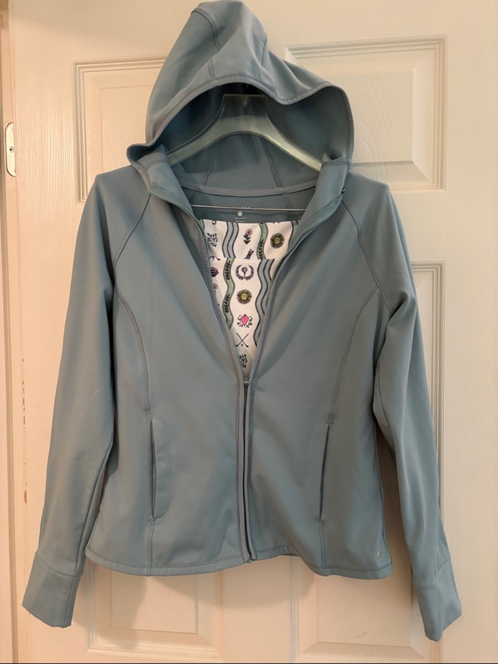 Layer 8 HoodedJacket in Soft Blue with athletic skirt